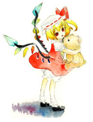 Rule 34 | 1girl, bad id, bad pixiv id, blonde hair, female focus, flandre scarlet, full body, hat, mob cap, nami (mikankan), red eyes, ribbon, solo, standing, stuffed animal, stuffed toy, teddy bear, touhou, white background, wings