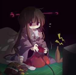 Rule 34 | 1girl, ana (rznuscrf), dark, famicom, female focus, food, game console, houraisan kaguya, messy hair, neet, nissin cup noodle, playing games, sitting, solo, touhou, video game