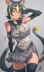 Rule 34 | 1girl, absurdres, animal ear fluff, animal ears, arm at side, arm up, bare shoulders, black gloves, black hair, black thighhighs, blonde hair, closed mouth, collared shirt, cowboy shot, electricity, gloves, green eyes, grey shirt, grey skirt, hair between eyes, highres, iparupua, kemono friends, lips, looking at viewer, medium hair, miniskirt, multicolored hair, multiple tails, necktie, parted bangs, raijuu (kemono friends), shirt, simple background, skirt, sleeveless, sleeveless shirt, smile, solo, tail, tan, thighhighs, torn clothes, torn gloves, torn skirt, torn thighhighs, two-tone hair, two tails, zettai ryouiki