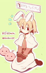 Rule 34 | 1girl, :3, acolyte (ragnarok online), animal ears, black eyes, blonde hair, blush, breasts, brown footwear, brown gloves, brown shirt, capelet, closed mouth, cowlick, doridori, fake animal ears, full body, gloves, green background, hairband, long sleeves, looking at viewer, one-hour drawing challenge, outline, poring, rabbit ears, ragnarok online, seiza, shirt, shoes, short hair, sitting, skirt, slime (creature), small breasts, smile, translation request, twitter username, white capelet, white hairband, white outline, white skirt