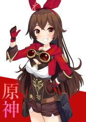 Rule 34 | 1girl, amber (genshin impact), breasts, brown eyes, brown gloves, brown hair, brown shorts, cleavage, commentary request, copyright name, cropped jacket, genshin impact, gloves, goggles, goggles around neck, grin, hair between eyes, hair ribbon, hairband, hand on own hip, highres, jacket, konpotsu, long hair, long sleeves, medium breasts, red background, red gloves, red hairband, red jacket, red ribbon, ribbon, shirt, short shorts, shorts, smile, solo, two-tone background, very long hair, white background, white shirt