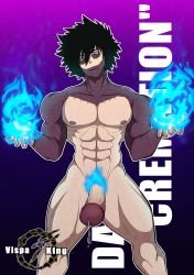 Rule 34 | 1boy, abs, attack, aura, bare shoulders, black hair, blue eyes, blue fire, boku no hero academia, burn scar, burning, dabi (boku no hero academia), energy, erection, fire, highres, looking at viewer, looking down, male focus, muscular, muscular legs, muscular male, no shirt, nude, pectorals, penis, power, pubic hair, sack, scar, short hair