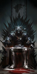 Rule 34 | 1boy, a song of ice and fire, armor, armored boots, arrow (projectile), banner, blood, blood on face, boots, closed mouth, death, full armor, full body, game of thrones, gauntlets, grey wind, highres, iron throne, pauldrons, robb stark, shoulder armor, sitting, solo, sword, throne, weapon, wolf, zippo514