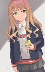Rule 34 | 1girl, beige sweater, black jacket, black pantyhose, black skirt, blazer, brown hair, cellphone, collared shirt, earbuds, earphones, green eyes, gridman universe, highres, holding, holding phone, jacket, long hair, looking to the side, minami yume, oq, pantyhose, phone, school uniform, shirt, skirt, smartphone, solo, ssss.dynazenon, white shirt