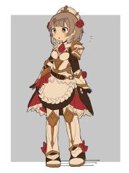 Rule 34 | 1girl, absurdres, apron, armor, armored boots, ascot, belt, black belt, blunt bangs, boots, braid, braided bangs, breastplate, commentary, flower, full body, gauntlets, genshin impact, green eyes, grey hair, highres, noelle (genshin impact), red ascot, red flower, red rose, rose, short hair, shoulder armor, solo, standing, surapuni 5, waist apron, white apron