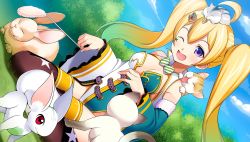 Rule 34 | 1girl, ;d, ahoge, animal, animal on head, animal on shoulder, black legwear, blonde hair, blue sky, breasts, rabbit, cat, cat on shoulder, cat teaser, chipmunk, cleavage, cloud, day, detached sleeves, dutch angle, game cg, gradient hair, grass, hair ornament, highres, long hair, medium breasts, multicolored hair, official art, on head, one eye closed, open mouth, outdoors, pius, purple eyes, red eyes, sitting, sky, smile, solo, squirrel, star (symbol), twintails, wariza, wide sleeves, x-overd