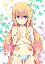 Rule 34 | 1girl, bikini, blonde hair, blush, breasts, closed mouth, collarbone, crossed arms, floral background, gabriel dropout, gabriel tenma white, hair between eyes, highres, long hair, looking at viewer, navel, purple eyes, side-tie bikini bottom, small breasts, solo, striped bikini, striped clothes, swimsuit, ukami, very long hair, wavy mouth, white background
