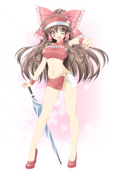 Rule 34 | 1girl, alternate costume, bare legs, blush, bow, breasts, brown eyes, brown hair, character name, closed umbrella, clothes writing, cosplay, crop top, female focus, frilled bow, frills, full body, future gpx cyber formula, hair bow, hair tubes, hakurei reimu, happy, high heels, highres, kamiya tomoe, large breasts, long hair, microskirt, midriff, miniskirt, navel, open mouth, outstretched arm, parasol, planted, planted umbrella, race queen, red bow, red footwear, shirt, shoes, side slit, skirt, sleeveless, sleeveless shirt, smile, solo, standing, sugou asuka, sugou asuka (cosplay), taut clothes, taut shirt, touhou, umbrella, very long hair, visor cap, wristband