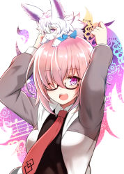 Rule 34 | 1girl, ;d, absurdres, black-framed eyewear, black dress, blush, breasts, collared dress, commentary request, creature, dress, fate/grand order, fate (series), fou (fate), glasses, hair over one eye, highres, hood, hood down, hooded jacket, jacket, long sleeves, looking at viewer, mash kyrielight, medium breasts, necktie, on head, one eye closed, open clothes, open jacket, open mouth, pink hair, purple eyes, red neckwear, round teeth, shibakame, sidelocks, smile, teeth, upper teeth only, white jacket