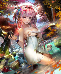 Rule 34 | 1girl, afloat, animal, autumn, autumn leaves, backlighting, bare shoulders, black ribbon, blue eyes, breasts, bucket, building, cherry blossoms, cleavage, closed mouth, collarbone, copyright request, cup, drink, dutch angle, hair ornament, hair ribbon, hair stick, hairband, holding, image sample, japanese macaque, lantern, lens flare, liduke, liquid, long hair, looking at viewer, medium breasts, monkey, naked towel, official art, onsen, original, outdoors, pink hair, pink lips, plant, ribbon, rock, smile, solo, standing, sunlight, teapot, towel, towel on head, tree, very long hair, wading, water, water drop, wet, wooden bucket, wristband