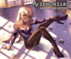 Rule 34 | 1girl, bare shoulders, blonde hair, breasts, cleavage, copyright name, dark-skinned female, dark skin, day, detached sleeves, essual (layer world), full body, high heels, highres, jewelry, leg up, leotard, long hair, looking at viewer, nail polish, necklace, official art, pantyhose, parted bangs, pointy ears, purple footwear, shadow, sitting, small breasts, smile, solo, very long hair, watermark, yellow eyes, zenonzard