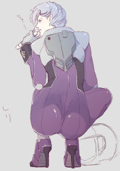 Rule 34 | 1boy, angelo sauper, ass, back, bodysuit, full body, grey background, gundam, gundam unicorn, high heels, looking away, male focus, open mouth, shiny clothes, silver hair, simple background, snj, squatting, wavy hair