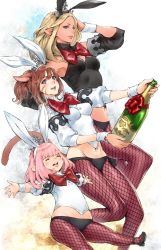 Rule 34 | 10s, 3girls, :d, alcohol, animal ears, blonde hair, blue eyes, bow, bowtie, breasts, brown hair, champagne, closed eyes, dark-skinned female, dark skin, detached sleeves, elezen, elf, fake animal ears, final fantasy, final fantasy xiv, fishnet pantyhose, fishnets, gradient background, groin, highres, jpeg artifacts, lalafell, long hair, looking at viewer, makimura shunsuke, medium breasts, miqo&#039;te, multiple girls, navel, open mouth, pantyhose, pink hair, pointy ears, ponytail, rabbit ears, short hair, small breasts, smile, teeth, tiara, warrior of light (ff14)
