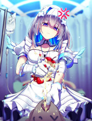 Rule 34 | 1boy, 1girl, amane kanata, amane kanata (nurse), anger vein, apple, bandaged arm, bandages, blue hair, blurry, breasts, closed mouth, colored inner hair, commentary request, crushing, depth of field, detached collar, dress, feathered wings, food, frilled dress, frills, fruit, gloves, grey hair, hair intakes, hand on another&#039;s mouth, highres, hololive, intravenous drip, iv stand, jewelry, looking at another, looking down, medium hair, mini wings, multicolored hair, necklace, official alternate costume, puffy short sleeves, puffy sleeves, purple eyes, shara (syara so ju), short sleeves, small breasts, solo focus, virtual youtuber, white dress, white gloves, wings
