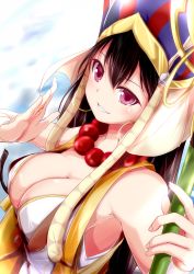 Rule 34 | &gt;:), 1girl, armpits, beads, bikini, bikini top only, black hair, blush, breasts, cleavage, detached sleeves, earrings, covered erect nipples, fate/grand order, fate (series), from side, grin, hat, highres, hoop earrings, jewelry, large breasts, long hair, looking at viewer, looking to the side, nanaume (shichimi tougarashi), prayer beads, purple eyes, smile, solo, swimsuit, upper body, v-shaped eyebrows, xuangzang sanzang (fate)