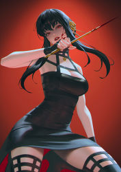 Rule 34 | 1girl, absurdres, black dress, black hair, blood, blood on face, bloody weapon, c home, cowboy shot, dagger, dress, earrings, eyeliner, fingerless gloves, gloves, gold earrings, gold hairband, hairband, highres, holding, holding dagger, holding knife, holding weapon, jewelry, knife, lips, lipstick, makeup, red background, short hair with long locks, sidelocks, solo, spy x family, stiletto (weapon), two-sided dress, two-sided fabric, weapon, yor briar
