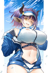 Rule 34 | 1girl, ;d, animal ears, arknights, bare shoulders, bikini, bikini under clothes, black gloves, blue sky, bottle, bottle to cheek, breasts, brown eyes, clothes writing, cow ears, cow girl, cow horns, cowboy shot, day, fingerless gloves, gloves, hat, highres, holding, holding bottle, horns, huge breasts, jacket, long sleeves, looking at viewer, navel, nishitaka, off shoulder, official alternate costume, one eye closed, open clothes, open jacket, open mouth, outdoors, purple hair, short hair, short ponytail, sideroca (arknights), sideroca (light breeze) (arknights), sky, smile, solo, stomach, swimsuit, undressing, unzipped, visor cap, water, white bikini, white hat