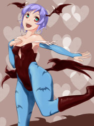 Rule 34 | + +, 1girl, animal print, bad id, bad pixiv id, bat print, bat wings, blue hair, boots, breasts, capcom, cleavage, demon girl, elbow gloves, feathers, fingerless gloves, flat chest, gloves, head wings, heart, leotard, lilith aensland, multicolored eyes, pantyhose, print pantyhose, short hair, small breasts, solo, symbol-shaped pupils, ultra00, vampire (game), wings