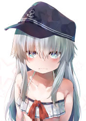 Rule 34 | 1girl, absurdres, alternate costume, anchor symbol, bikini, black hat, blue eyes, clannad, collarbone, commentary request, flat cap, hat, hibiki (kancolle), highres, kantai collection, long hair, looking at viewer, simple background, solo, swimsuit, taisho (gumiyuki), upper body, white background, white bikini, white hair