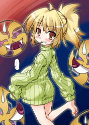 Rule 34 | 1girl, ahoge, akou roushi, ass, barefoot, blonde hair, blush, bottomless, fake pregnancy, feet, female focus, food, green shirt, grin, looking at viewer, mouth hold, naked sweater, no pants, personification, pocky, ponytail, red eyes, ribbed sweater, shirt, short hair, sleeves past wrists, smile, soles, solo, sweatdrop, sweater, toe scrunch, toes, touhou, touhou (pc-98), yuugenmagan