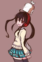 Rule 34 | balancing on head, black hair, blue skirt, bread, breasts, brown background, brown eyes, collar, collared shirt, cowlick, fang, food, food on head, happy, headphones, kuro (kyou no cerberus), kyou no cerberus, long hair, long sleeves, looking at viewer, object on head, one eye closed, open mouth, package, pleated skirt, profile, shirt, simple background, skirt, small breasts, smile, sweater, thighhighs, twintails, ugaroku, wrapped up
