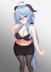 Rule 34 | 1girl, absurdres, ahoge, black bra, black pantyhose, black skirt, blue hair, blush, bra, breasts, cleavage, closed mouth, ganyu (genshin impact), genshin impact, goat horns, gradient background, grey background, heart, heart-shaped pupils, highres, horns, kong ting, large breasts, long hair, looking at viewer, navel, pantyhose, purple eyes, simple background, skirt, smile, standing, symbol-shaped pupils, underwear, very long hair