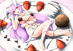 Rule 34 | 1girl, breasts, chocolate, cleavage, denki (biribiri), food, food on body, fruit, full body, highres, large breasts, long hair, looking at viewer, lying, nude, nyotaimori, on back, open mouth, purple hair, red eyes, reisen udongein inaba, solo, strawberry, touhou