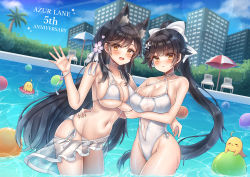 Rule 34 | absurdres, animal ears, anniversary, atago (azur lane), atago (summer march) (azur lane), azur lane, bikini, black hair, blue sky, bow, breasts, building, casual one-piece swimsuit, choker, cloud, commentary request, cowboy shot, criss-cross halter, crossed arms, day, dog ears, extra ears, hair flaps, halterneck, highleg, highleg swimsuit, highres, himeno ame, large breasts, long hair, manjuu (azur lane), one-piece swimsuit, outdoors, ponytail, pool, ribbon, sarong, sky, swimsuit, takao (azur lane), takao (beach rhapsody) (azur lane), water, white bikini, white bow, white choker, white ribbon, white one-piece swimsuit