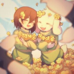 Rule 34 | 1boy, 1other, ^ ^, androgynous, animal ears, asriel dreemurr, blue shorts, blue sky, blurry, blurry foreground, brown hair, chara (undertale), child, chinese commentary, closed eyes, commentary request, cowboy shot, crossed arms, facing viewer, falling petals, fangs, field, film grain, finger frame, flower, flower field, flower on head, furry, furry male, goat boy, goat ears, goat tail, green sweater, hair between eyes, hair flower, hair ornament, holding, holding flower, lazy kun, long sleeves, open mouth, out of frame, outdoors, petals, short hair, shorts, skin fangs, sky, sweater, undertale, yellow flower