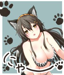 Rule 34 | 1girl, :d, all fours, alternate costume, ame-rain, animal ear fluff, animal ears, bare shoulders, black hair, bra, breasts, cat day, cat ears, cleavage, hair ornament, hairclip, haruna (kancolle), headgear, highres, kantai collection, large breasts, long hair, looking at viewer, open mouth, smile, solo, striped bra, striped clothes, underwear, underwear only, vertical-striped bra, vertical-striped clothes, yellow eyes