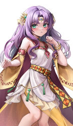 Rule 34 | 1girl, bare shoulders, blush, cosplay, cowboy shot, dress, fire emblem, fire emblem: the blazing blade, fire emblem: thracia 776, fire emblem heroes, florina (fire emblem), green eyes, highres, long hair, looking at viewer, nintendo, parted bangs, parted lips, purple hair, sara (fire emblem), sara (fire emblem) (cosplay), sara (khadein) (fire emblem), sara (khadein) (fire emblem) (cosplay), sleeveless, sleeveless dress, solo, white dress, wszkii