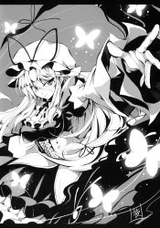 Rule 34 | 1girl, breasts, bug, butterfly, female focus, gap (touhou), gloves, greyscale, hat, highres, insect, light smile, long hair, monochrome, non-web source, outstretched arm, outstretched hand, ribbon, solo, touhou, touya (the-moon), yakumo yukari
