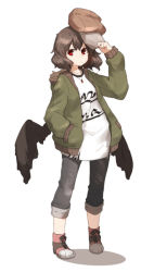 Rule 34 | 1girl, alternate costume, amonitto, baseball cap, bird wings, brown hair, casual, contemporary, hand in pocket, hat, unworn hat, unworn headwear, hood, hooded jacket, jacket, jewelry, long sleeves, looking at viewer, necklace, open clothes, open jacket, pants, pendant, red eyes, shameimaru aya, shirt, simple background, solo, touhou, white background, wings, winter clothes