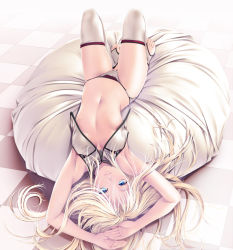 Rule 34 | 1girl, armpits, blonde hair, blue eyes, breasts, checkered floor, cleavage, cropped jacket, cushion, highres, long hair, lying, midriff, navel, on back, original, panties, rezi, shiny skin, small breasts, solo, thighhighs, tile floor, tiles, toeless legwear, toenails, toes, underwear, unzipped, white thighhighs, zipper