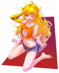 Rule 34 | 1girl, ahoge, blonde hair, breasts, collarbone, highres, iesupa, large breasts, long hair, messy hair, midriff, navel, one eye closed, pillow, prosthesis, prosthetic arm, purple eyes, rwby, short shorts, shorts, solo, tank top, wavy hair, yang xiao long, yawning