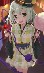 Rule 34 | 1girl, alternate costume, aqua hair, arms up, black hat, blurry, blush, candy apple, chaha, commentary request, cotton candy, depth of field, feet out of frame, food, frilled sleeves, frills, green eyes, hat, head tilt, highres, holding, holding food, japanese clothes, kimono, komeiji koishi, long sleeves, looking at viewer, night, open mouth, outdoors, short hair, solo, standing, striped clothes, striped kimono, third eye, touhou, wide sleeves, yukata