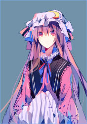Rule 34 | 1girl, alternate costume, bad id, bad pixiv id, blush, bow, bowtie, capelet, crescent, green background, hat, hat bow, highres, long hair, long sleeves, looking at viewer, marurodo, mob cap, patchouli knowledge, pink eyes, purple eyes, purple hair, simple background, solo, striped, touhou