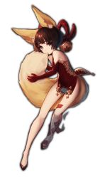 Rule 34 | 1girl, 4th, animal ears, bad id, bad pixiv id, bare shoulders, bell, brown hair, china dress, chinese clothes, dress, eyelashes, flat chest, flats, fox ears, fox tail, full body, gloves, grey eyes, highres, hugging own tail, hugging tail, jingle bell, looking at viewer, ofuda, original, pelvic curtain, pout, red dress, red footwear, red gloves, rope, shoes, short dress, simple background, sleeveless, sleeveless dress, solo, tail, white background