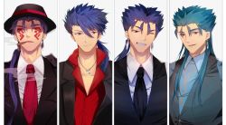 Rule 34 | 4boys, aqua hair, black hat, black jacket, blue shirt, cigar, closed mouth, collarbone, collared shirt, commentary request, crescent, cu chulainn (caster) (fate), cu chulainn (caster) (formal dress) (fate), cu chulainn (fate), cu chulainn (fate) (all), cu chulainn (fate/prototype), cu chulainn (fate/stay night), cu chulainn alter (fate), cu chulainn alter (fate/grand order), cu chulainn alter (formal dress) (fate), earrings, facial mark, fate/grand order, fate/prototype, fate/stay night, fate (series), formal, grey vest, grin, hair between eyes, hair strand, hat, head tilt, highres, jacket, jewelry, lancer, long hair, looking at viewer, low ponytail, male focus, mouth hold, multiple boys, necktie, one eye closed, open clothes, open jacket, parted lips, pekerika, purple hair, red eyes, red neckwear, red shirt, sharp teeth, shirt, sidelocks, smile, smoke, smoking, suit, teeth, very long hair, vest, white shirt