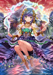 Rule 34 | 1girl, anklet, armband, bare shoulders, barefoot, blue hair, blush, brown eyes, choker, dress, hair ornament, jewelry, long hair, mountain, necklace, open mouth, ripples, sakiyamama, smile, solo, tenka touitsu chronicle, twintails, very long hair, water