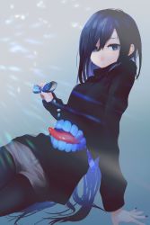 Rule 34 | 1girl, bad id, bad twitter id, black hair, black pantyhose, black sweater, blue eyes, blue hair, borrowed character, chest mouth, commentary request, grey background, highres, long hair, looking at viewer, migihidari (puwako), multicolored hair, original, pantyhose, shorts, sitting, solo, sweater, two-tone hair, uosaki (muki)