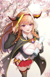 Rule 34 | 1girl, absurdres, ahoge, alternate costume, bangom r, black jacket, black robe, blonde hair, blunt bangs, bow, braid, breasts, brown hairband, cherry blossoms, cleavage, cleavage cutout, clothing cutout, collared shirt, commentary request, day, diagonal-striped bow, diploma, dragon girl, dragon horns, falling petals, fangs, feet out of frame, from above, hairband, hand in own hair, hand up, highres, hip vent, holding, hololive, horn bow, horn ornament, horns, huge filesize, jacket, kiryu coco, kiryu coco (1st costume), large breasts, light blush, long hair, long sleeves, looking at viewer, looking up, miniskirt, multicolored eyes, multicolored hair, open clothes, open robe, orange hair, outdoors, parted lips, petals, pleated skirt, pointy ears, purple eyes, red eyes, red skirt, robe, shirt, side-tie skirt, side braid, sidelocks, single braid, single thighhigh, skin fangs, skirt, solo, standing, streaked hair, striped, striped bow, thigh strap, thighhighs, virtual youtuber, white shirt