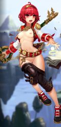 Rule 34 | 00s, 1girl, ahoge, bad id, bad pixiv id, belt, belt skirt, blush, breasts, clothes pull, dungeon and fighter, fingernails, floating, groin, hairband, happening18, highres, jacket, jewelry, key, long fingernails, mage (dungeon and fighter), navel, necklace, nipples, no bra, no panties, no socks, open clothes, open jacket, open mouth, pants, pants pull, puffy nipples, pussy, red eyes, red hair, shoes, short hair, small breasts, smile, solo, uncensored