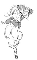 Rule 34 | 1girl, baggy pants, capelet, choker, commentary request, cosplay, dungeon meshi, elf, highres, hood, hooded capelet, long hair, looking at viewer, marcille&#039;s mother, marcille donato, marcille donato (cosplay), monochrome, one eye closed, pants, pointy ears, ponytail, sandals, shirt, simple background, smile, solo, toi8, v, white background