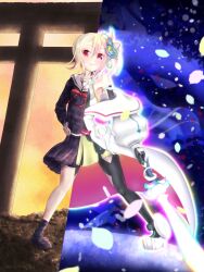 Rule 34 | 1girl, absurdres, asymmetrical legwear, blonde hair, fll0o0, fuyou lilienthal yuuna, fuyou yuuna wa yuusha de nai, gloves, glowing, glowing weapon, hair ornament, hand on own hip, highres, holding, holding sword, holding weapon, loafers, looking at viewer, magical girl, petals, pleated skirt, red eyes, sailor collar, school uniform, shoes, short hair, side ponytail, skirt, smile, solo, split theme, standing, sword, thighhighs, torii, weapon, white sailor collar