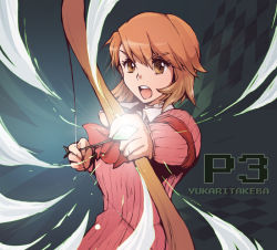 Rule 34 | 1girl, aiming, aiming at viewer, armband, arrow (projectile), artist request, atlus, bad id, bad pixiv id, bow (weapon), brown eyes, brown hair, drawing bow, himatane, holding, holding bow (weapon), holding weapon, open mouth, persona, persona 3, ribbon, school uniform, solo, takeba yukari, weapon