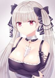 Rule 34 | 1girl, arms under breasts, azur lane, bad id, bad pixiv id, between breasts, black nails, blue dress, breasts, choker, cleavage, crossed arms, detached sleeves, dress, ear piercing, earrings, expressionless, formidable (azur lane), gem, gradient background, grey background, hair ribbon, highres, jewelry, large breasts, long hair, looking at viewer, nail polish, nibosi, pendant, piercing, red eyes, red gemstone, ribbon, silver hair, solo, standing, two side up, upper body, very long hair