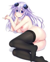 Rule 34 | 1girl, adult neptune, anus, ass, black thighhighs, blush, breasts, cleft of venus, collarbone, d-pad, d-pad hair ornament, hair ornament, head in hand, highres, large breasts, long hair, looking at viewer, lying, neptune (series), nipples, nude, purple eyes, purple hair, pussy, smile, thighhighs, uncensored, white background