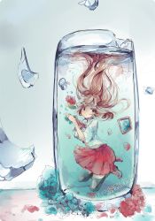 Rule 34 | 1girl, black thighhighs, blouse, brown hair, cup, drinking glass, flower, gradient background, ib (ib), ib (kouri), in container, kyoukaraa, long hair, miniskirt, picture frame, red skirt, shirt, shoes, skirt, solo, thighhighs, underwater, watermark, web address, white shirt