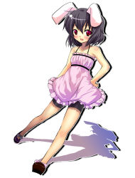 Rule 34 | 1girl, animal ears, bike shorts, black hair, blush, rabbit ears, collarbone, dress, female focus, full body, hand on own hip, inaba tewi, looking at viewer, mary janes, red eyes, shadow, shoes, short hair, solo, touhou, tsujigiri, white background